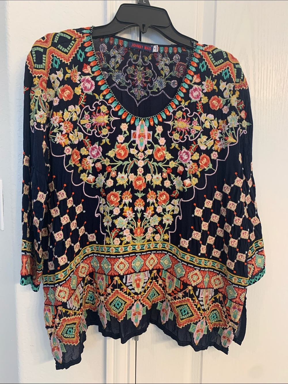 Johnny Was Black Multicolor Floral Embroidered Peasant Blouse